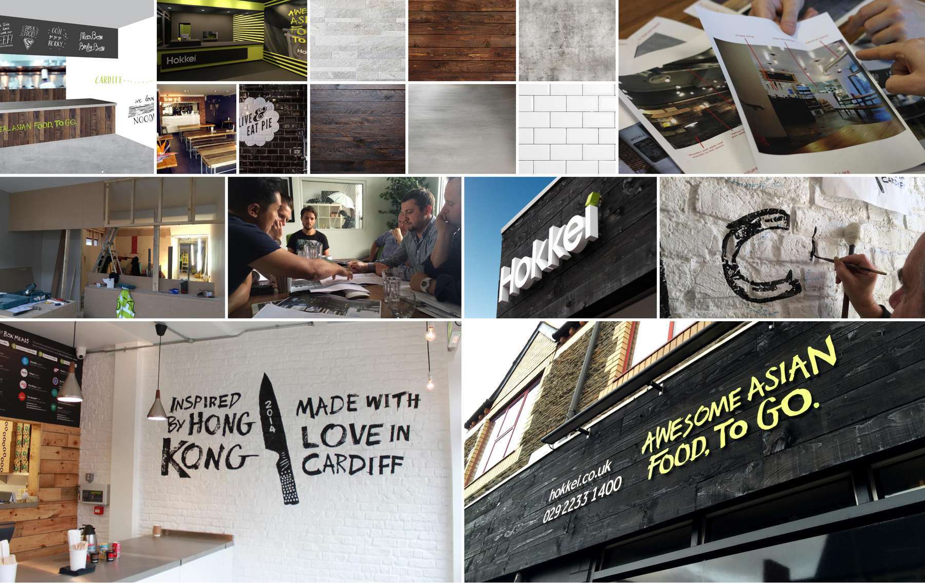 Images of the interior and exterior branding for Hokkei