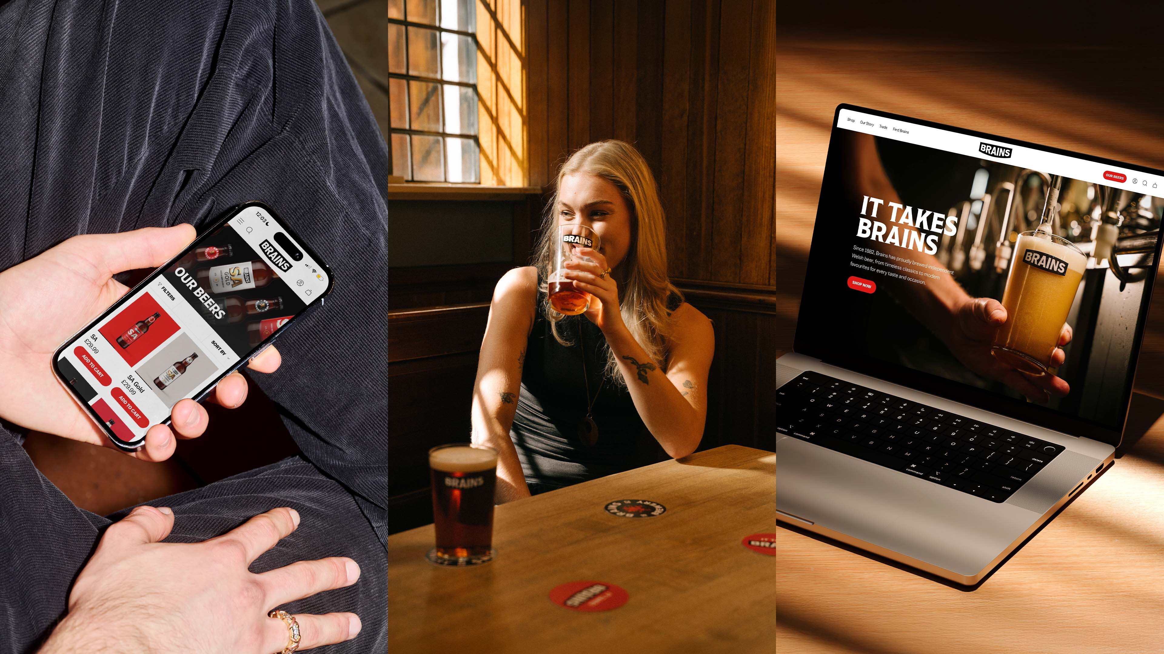 Montage of images showing the new Brains Brewery website and photography