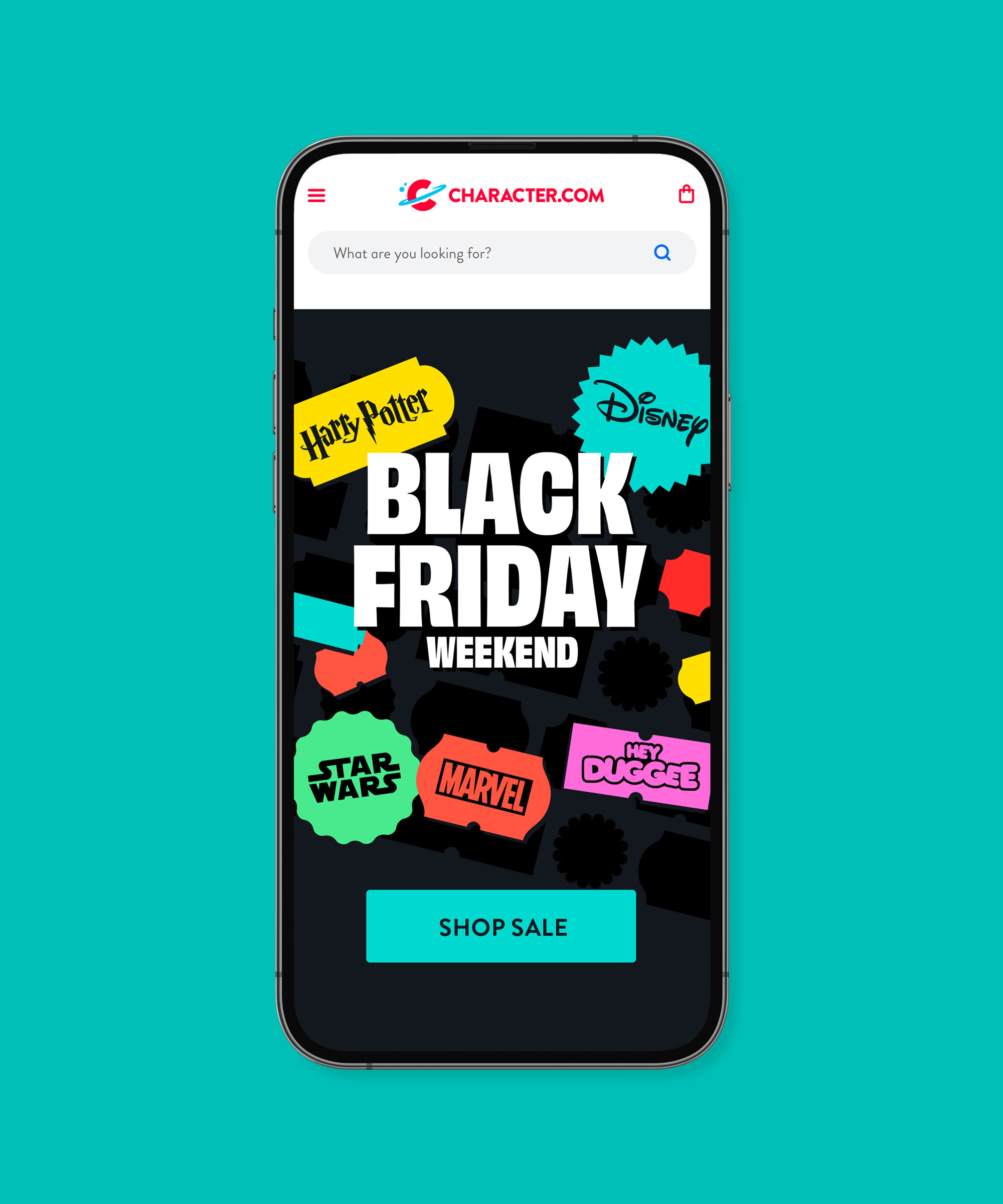 Character.com Black Friday promotion shown on a mobile device