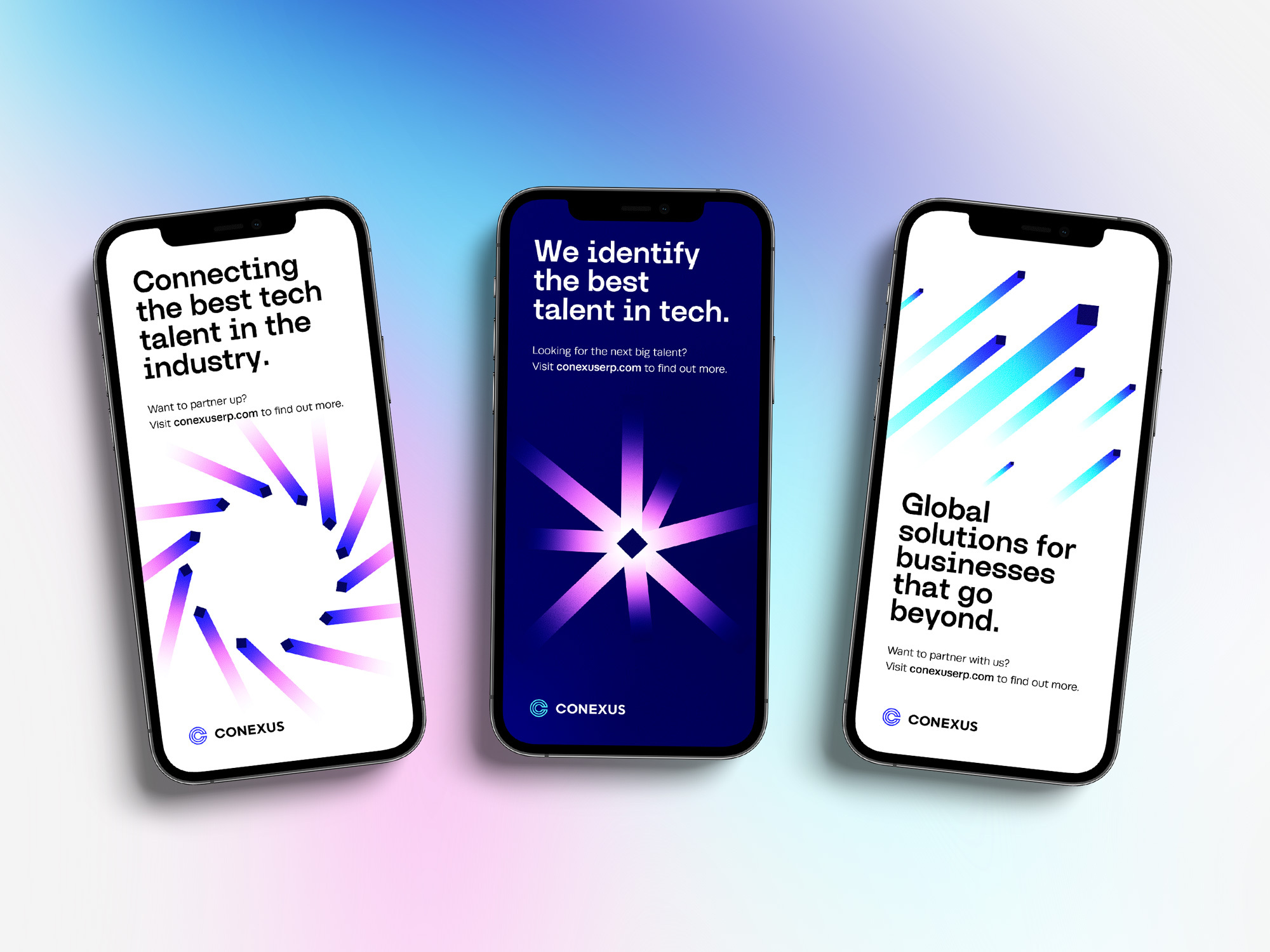 Mockups of Conexus social graphics shown on 3 mobile devices