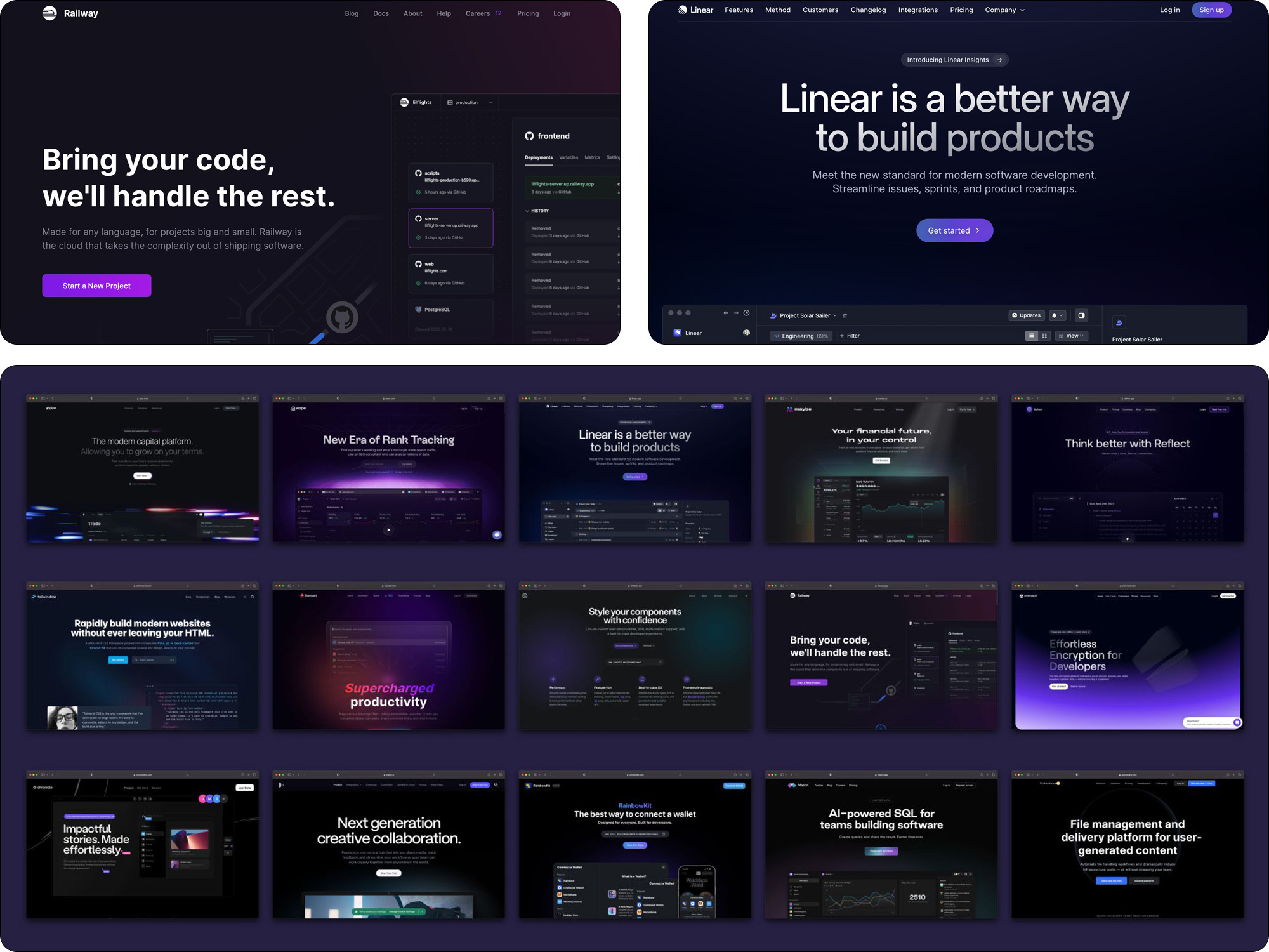Examples of websites for SaaS companies all using a similar design of black backgrounds and purple highlights
