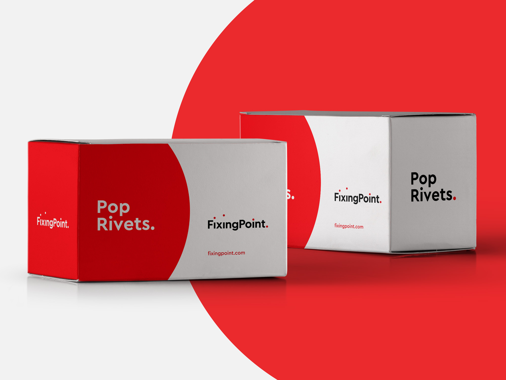 Packaging boxes with Fixing Point branding on