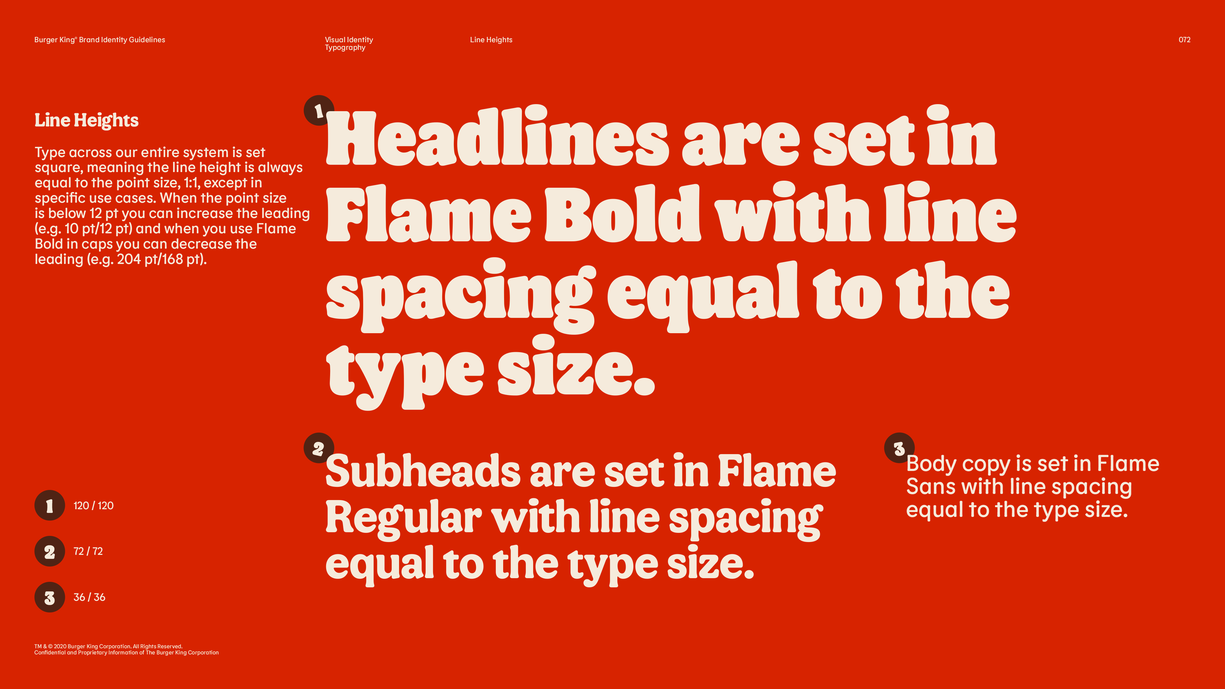 Page from Burger King Brand Guidelines showing the correct use of their typeface for headings and subheadings