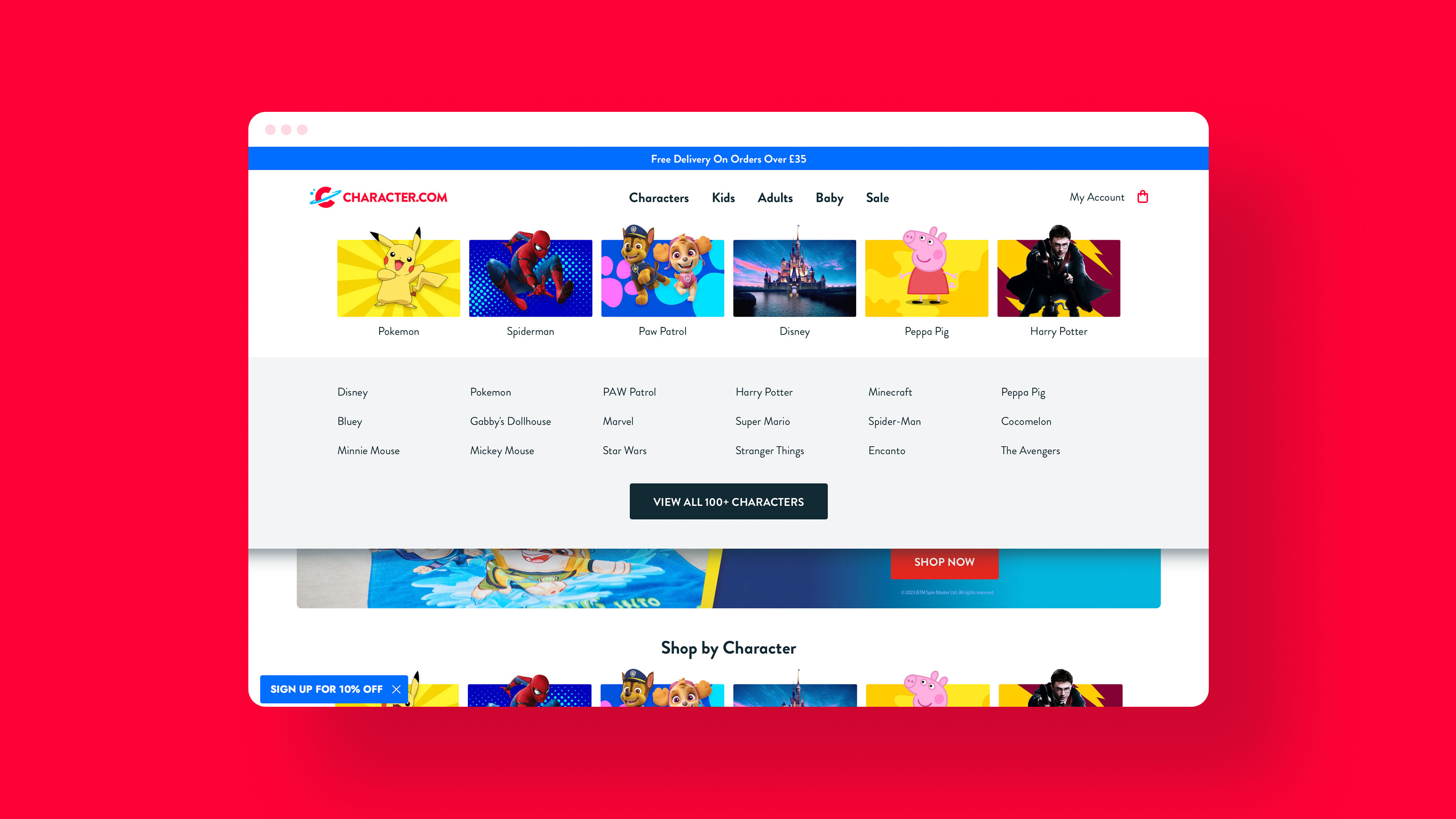 A screenshot of the Character website navigation using the view all pattern