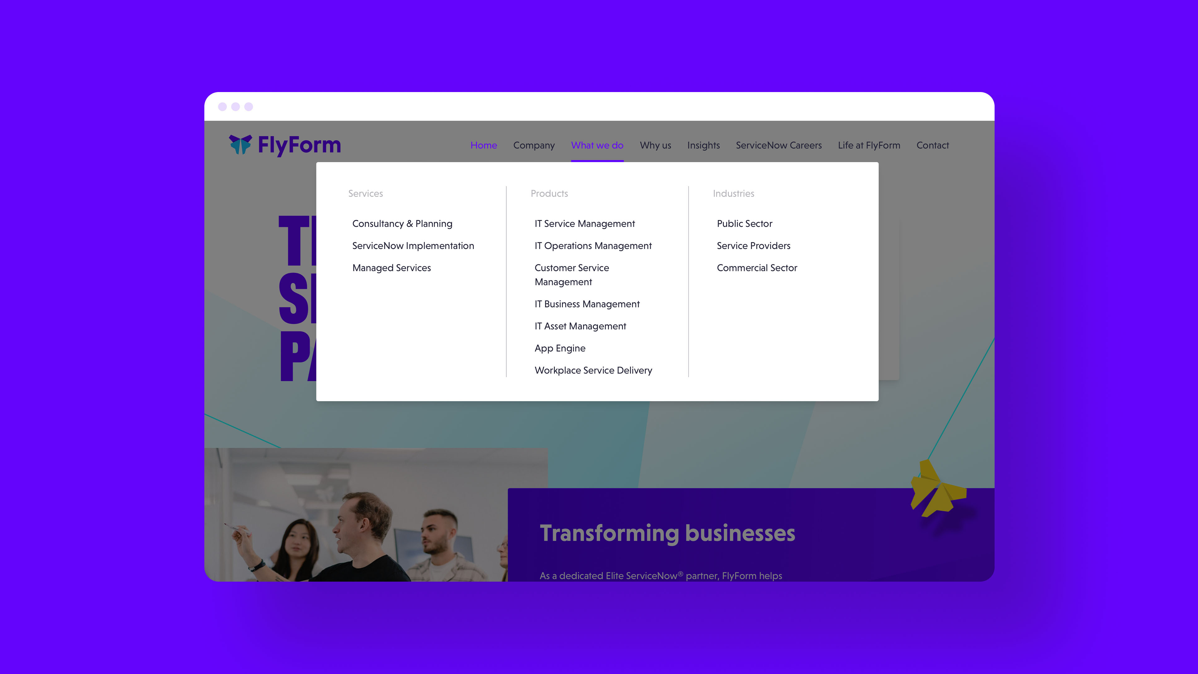 A screenshot of theFlyform website navigation using the group pattern