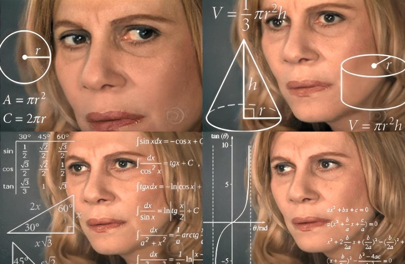 A meme split into a grid of a woman thinking deeply with mathematical shapes and diagrams superimposed over the image