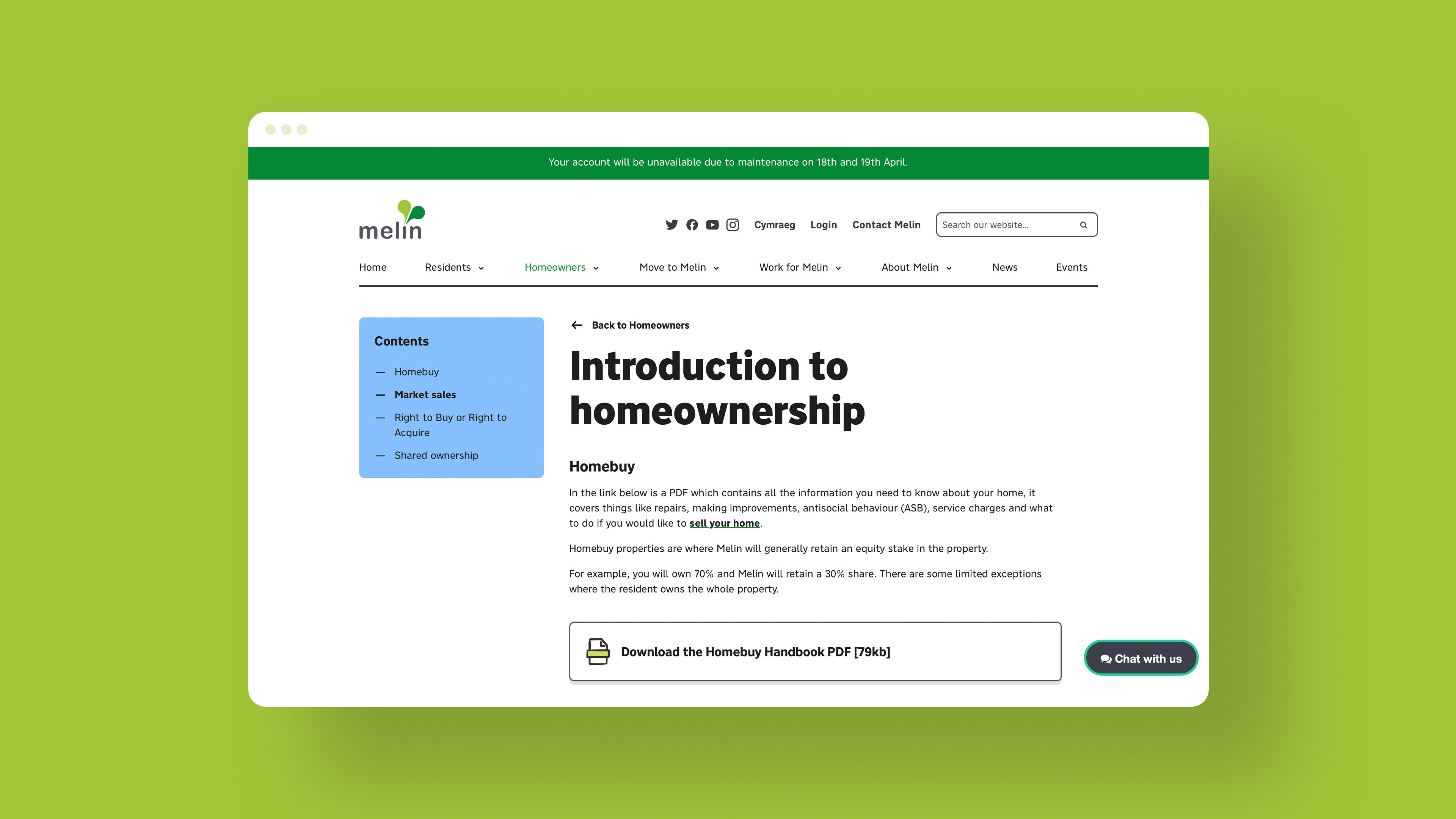 A screenshot of the Melin website with sub-nav