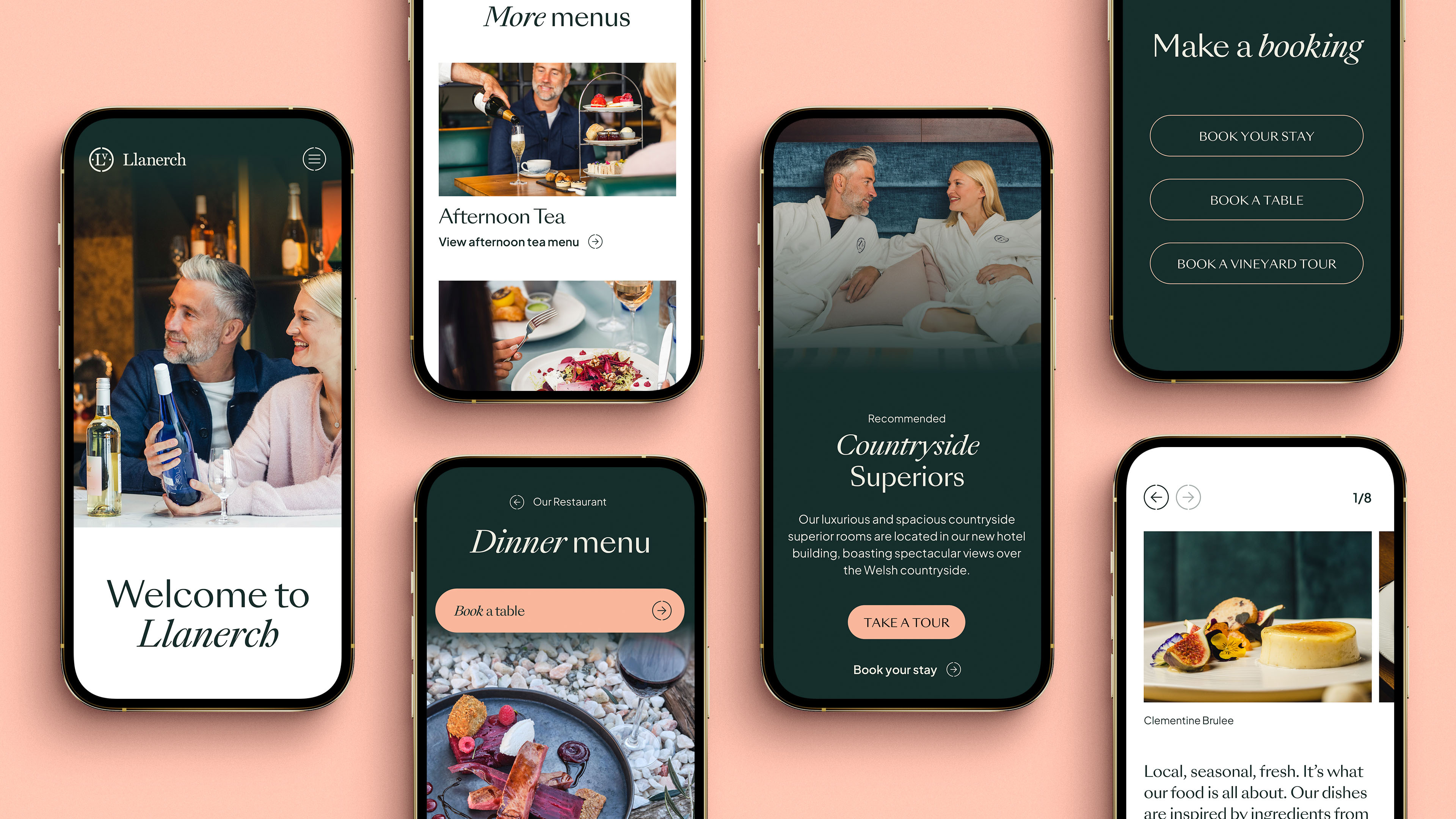 A collection of mobile phones display different sections of the new Llanerch website
