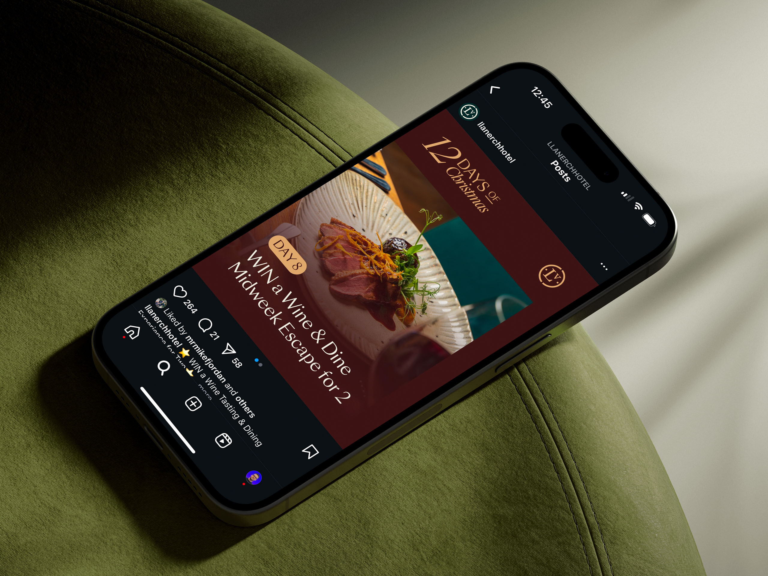 Phone resting on a chair showing a marketing post on Instagram