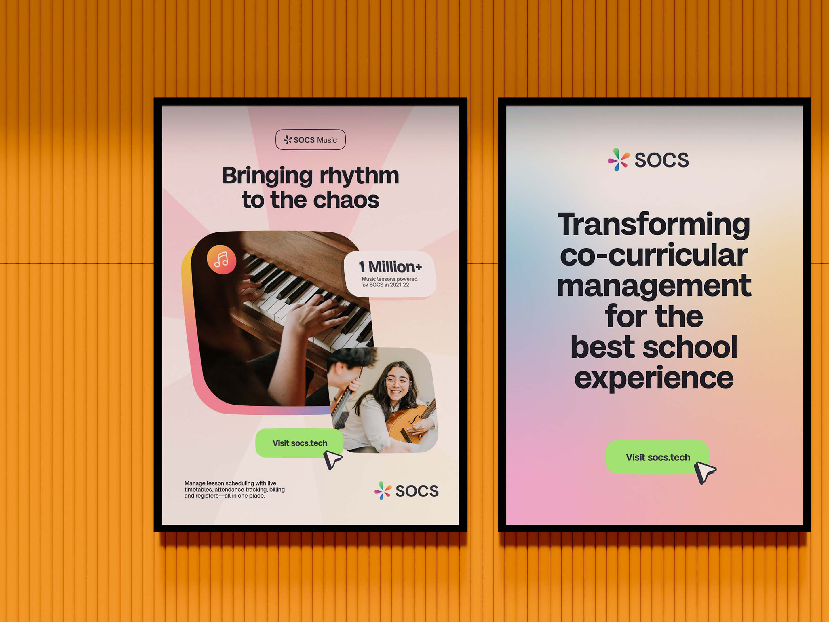 2 print adverts on a wall demonstrating the new brand