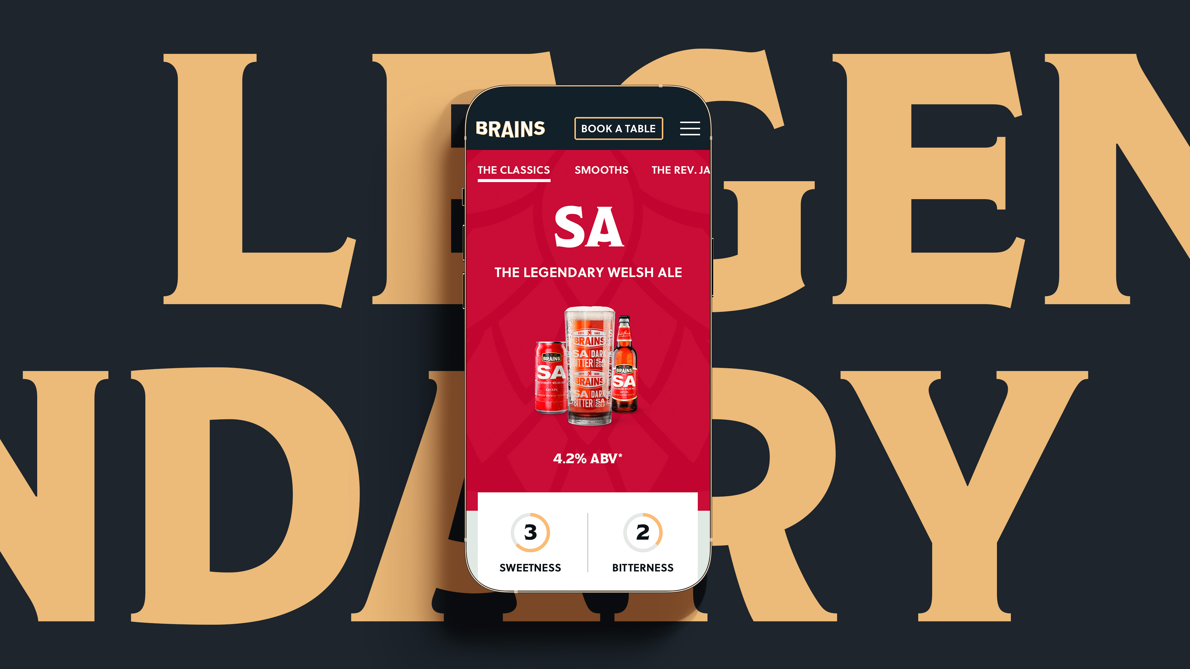 Mobile phone displaying SA beer page on the Brains website. The word 'Legendary' is written in big letters behind it.