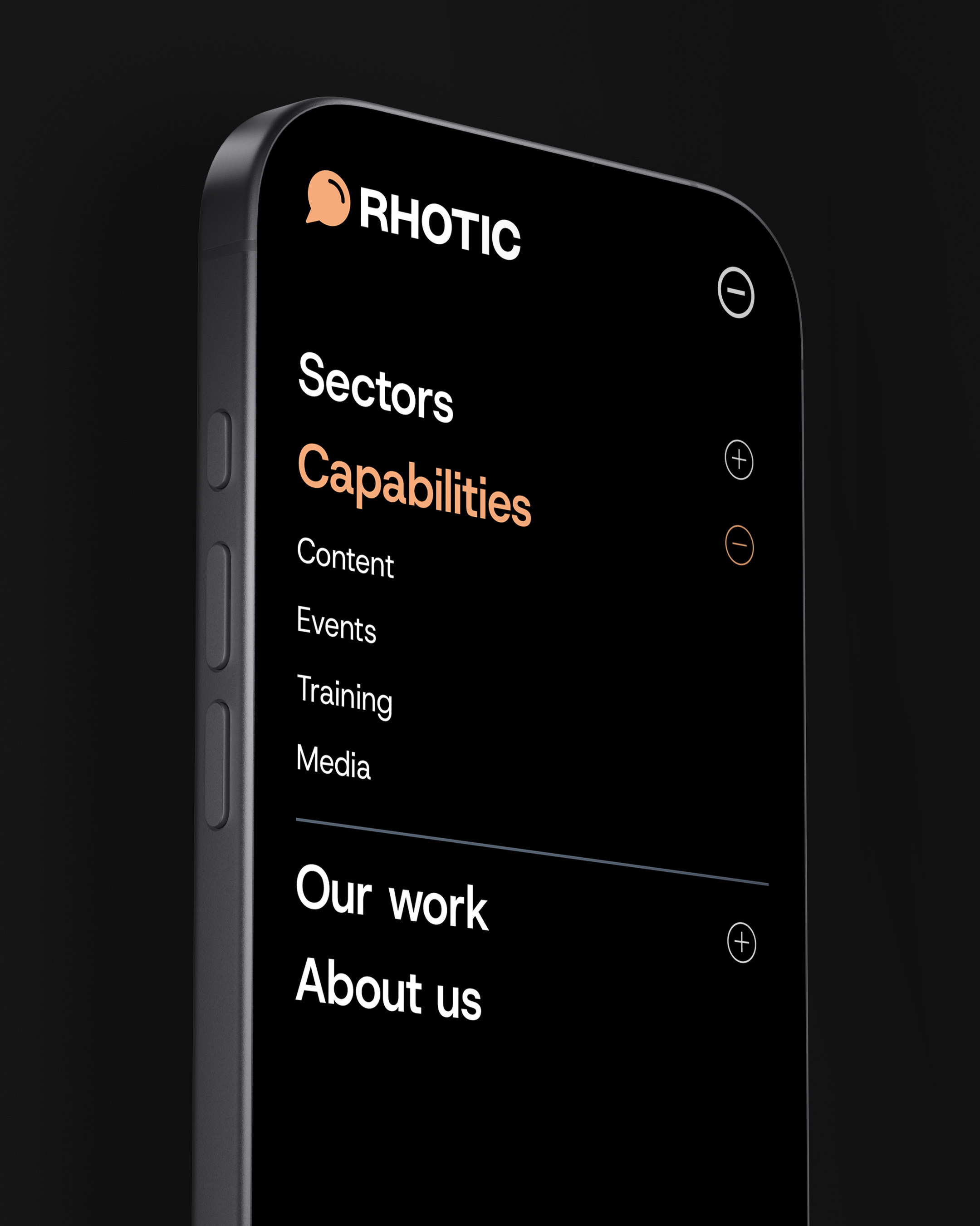 iPhone showcasing the Rhotic website menu